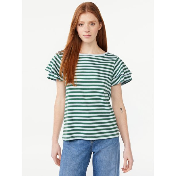 Free Assembly Women's Boatneck Tee with Flutter Sleeves | Walmart (US)