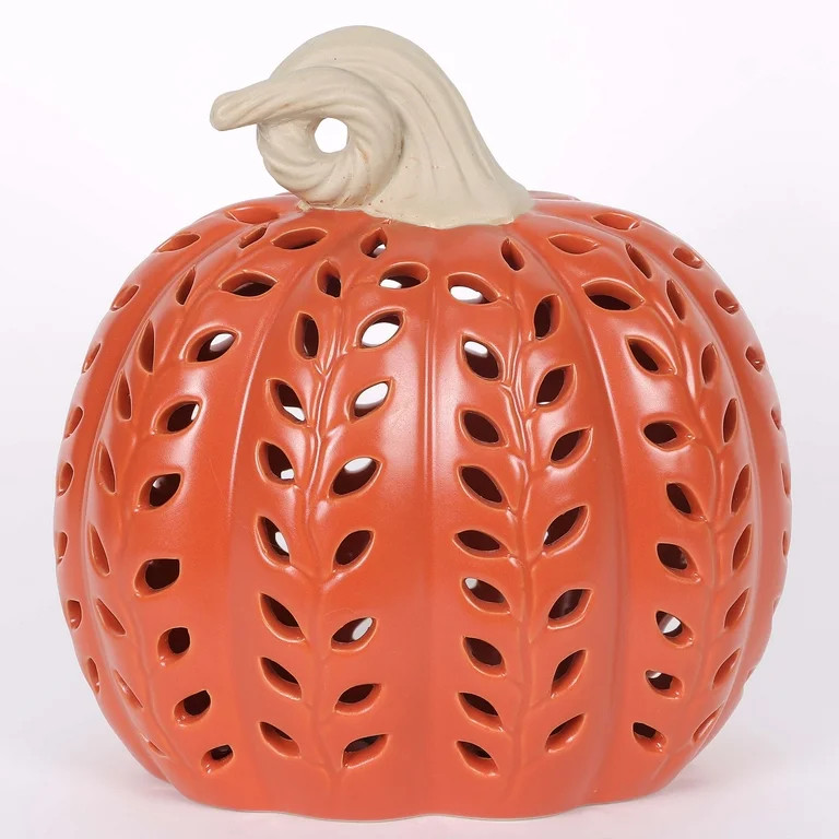 Ceramic Pumpkin with Light Tabletop Decor, Orange, 8", Harvest by Way To Celebrate - Walmart.com | Walmart (US)