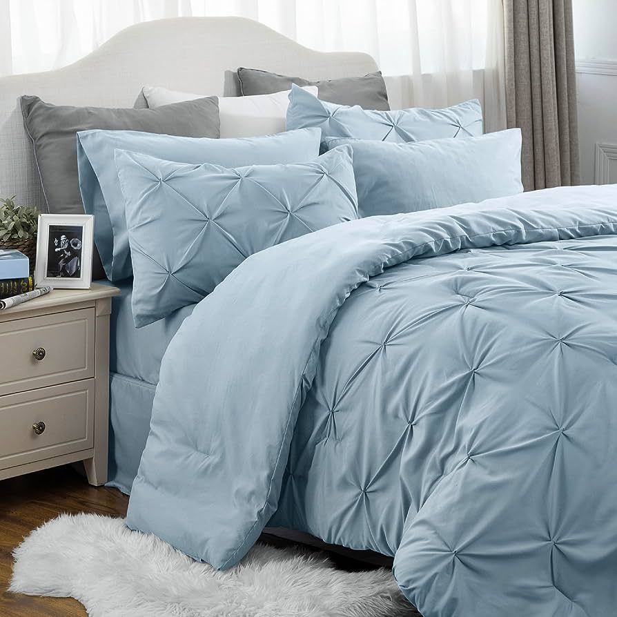 Bedsure King Size Comforter Set - Bedding Set King 7 Pieces, Pintuck Bed in a Bag Light Blue Bed ... | Amazon (US)