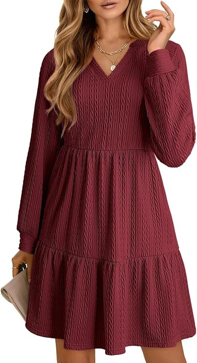 Dokotoo Fall Dresses for Women 2025 Long Sleeve V Neck Textured Casual Lightweight Tiered Ruffle ... | Amazon (US)