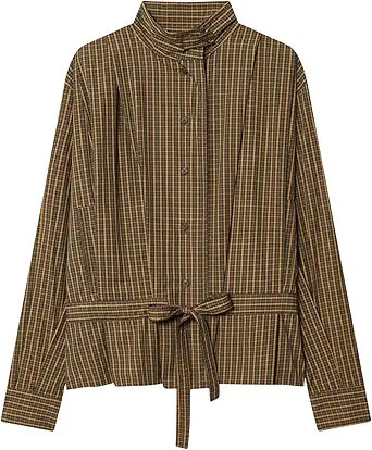 Chevara Women’s Retro Plaid Shirt Long Sleeve Button Down Blouses Casual Tops with Tie | Amazon (US)