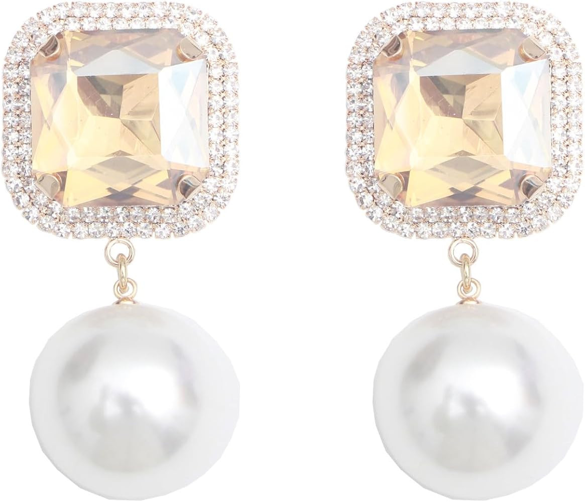 QLLYHLH Women\u2019s Fashion Crystal Wedding Brides Bridesmaid Statement Peal Drop Dangle Earring... | Amazon (US)