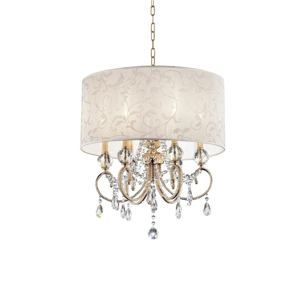 ORE International 6-Light Crystal Gold 24.5 in. Aurora Barocco Shade Chandelier Ceiling Lamp | The Home Depot