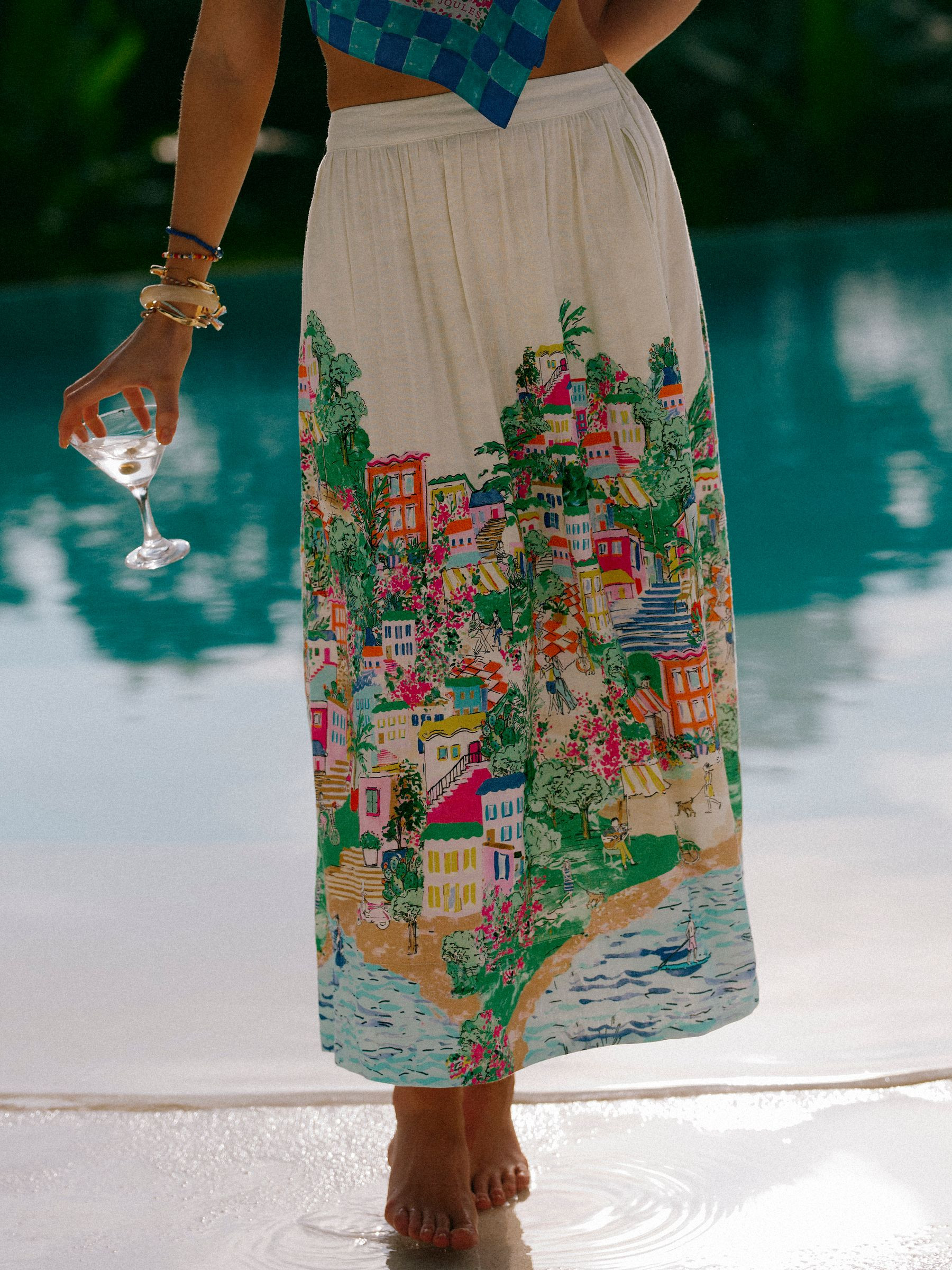 White Coastal Scene Print Placement Midi Skirt with Linen | Joules | Joules