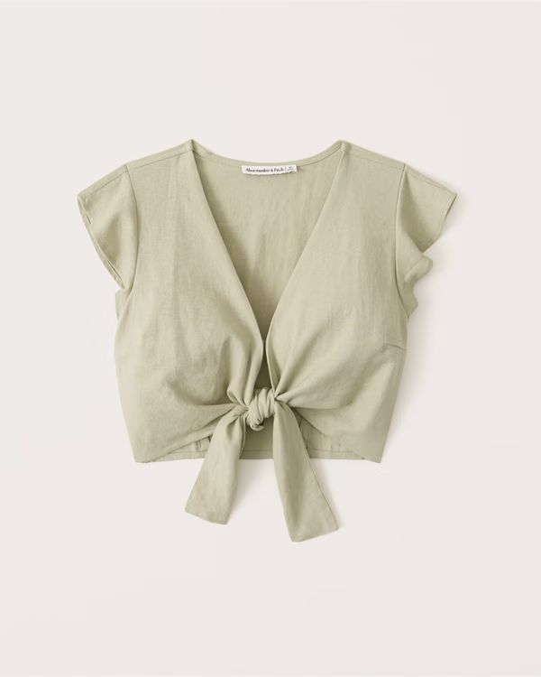 Tie-Front Linen Blend Ruffle Sleeve Top | Abercrombie & Fitch (US)