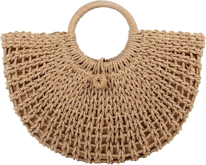 Kuang Women Large Straw Rattan Beach Tote Bag HandBag Hobo Round Handle Summer Handwoven Straw Pu... | Amazon (US)