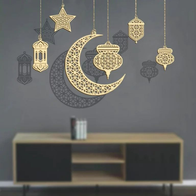 6 Pieces Wooden Pendant Ornament Ramadan Kareem Decoration Moon Star Wind Light Shape Pendant Orn... | Walmart (US)