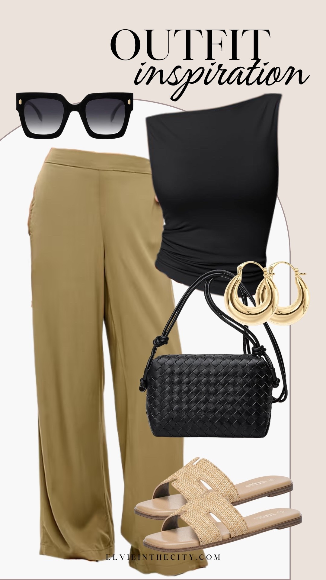 This outfit inspirations includes a black sleeveless top paired with wide leg olive green pants, a black crossbody bag, black sunglasses, gold earrings, and leather slide sandals.

Ootd, fashion over 40, over 50 style, casual outfit, affordable fashion

#LTKootd #LTKFindsUnder50 #LTKOver40