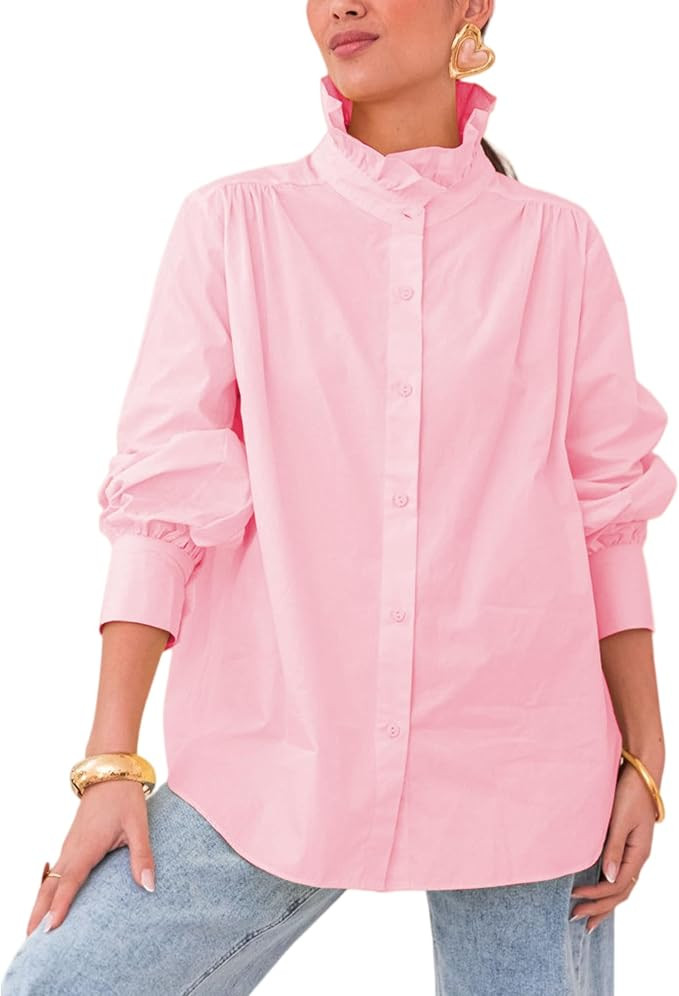 Hixiaohe Ruffled Stand Collar Shirt for Women Casual Dressy Office French Blouse Oversized Button... | Amazon (US)