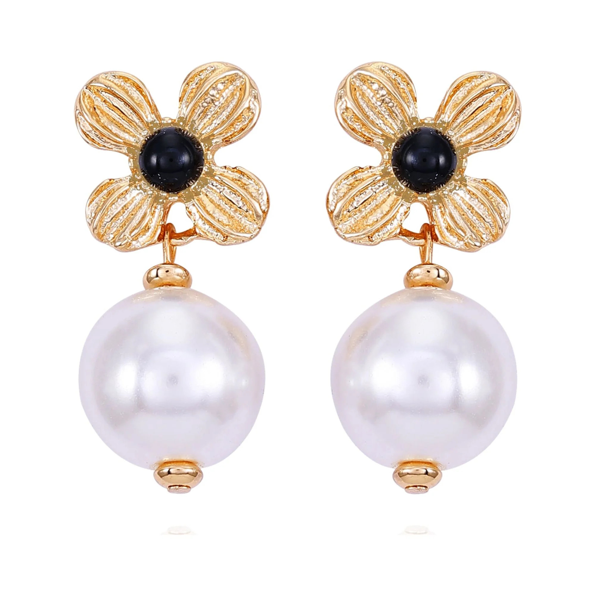 Time and Tru Women's Delicate Small Art Deco Gold Tone Flower Post Earring with Acrylic Pearl Dro... | Walmart (US)