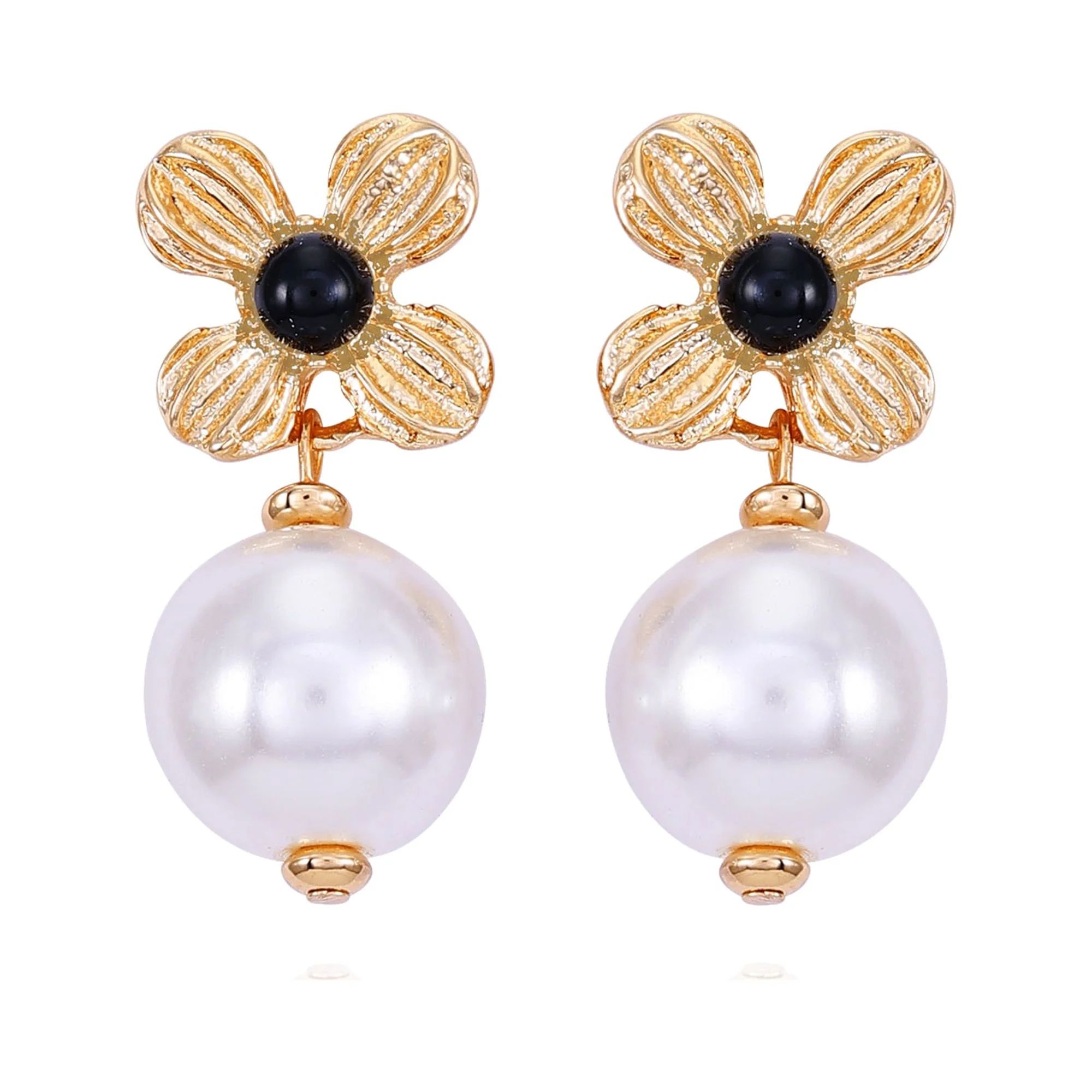 Time and Tru Women's Delicate Small Art Deco Gold Tone Flower Post Earring with Acrylic Pearl Dro... | Walmart (US)