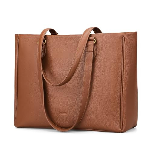 befen Real Leather Work Tote Bag for Women Multi-Pockets Shoulder Totes Purse Satchel Office Bags Handbag with Cup Holder for Work & Travel Cognac Brown | Amazon (US)