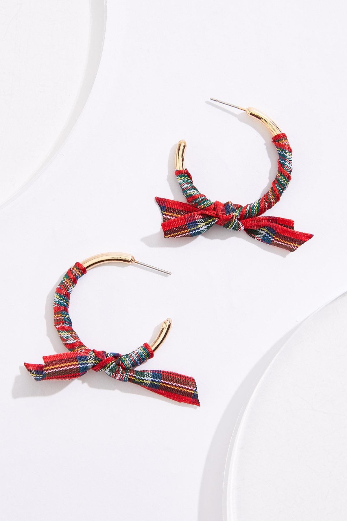 Plaid Fabric Bow Gold Hoop Earrings | Cato Fashions