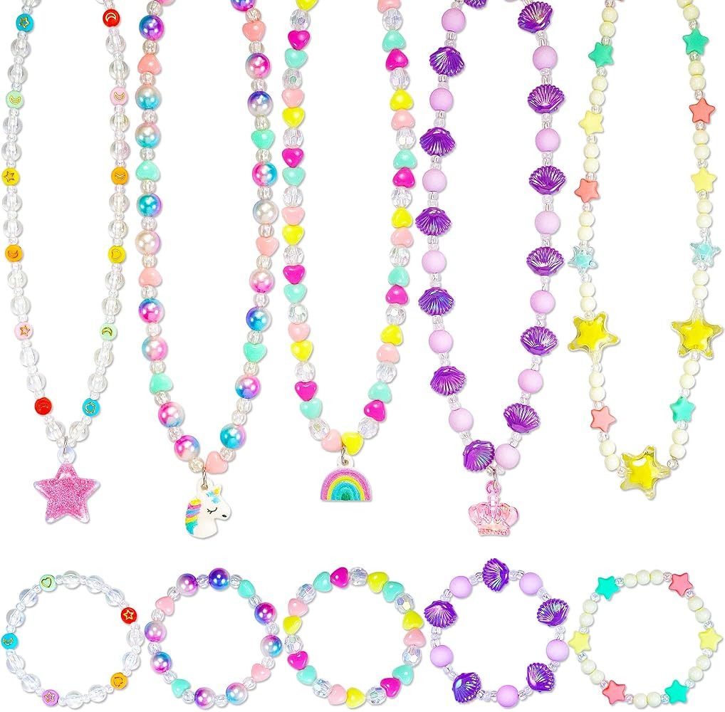 Kids Jewelry for Little Girls Necklace Bracelet with Unicorn Rainbow Star Crown Pendant for Toddl... | Amazon (US)