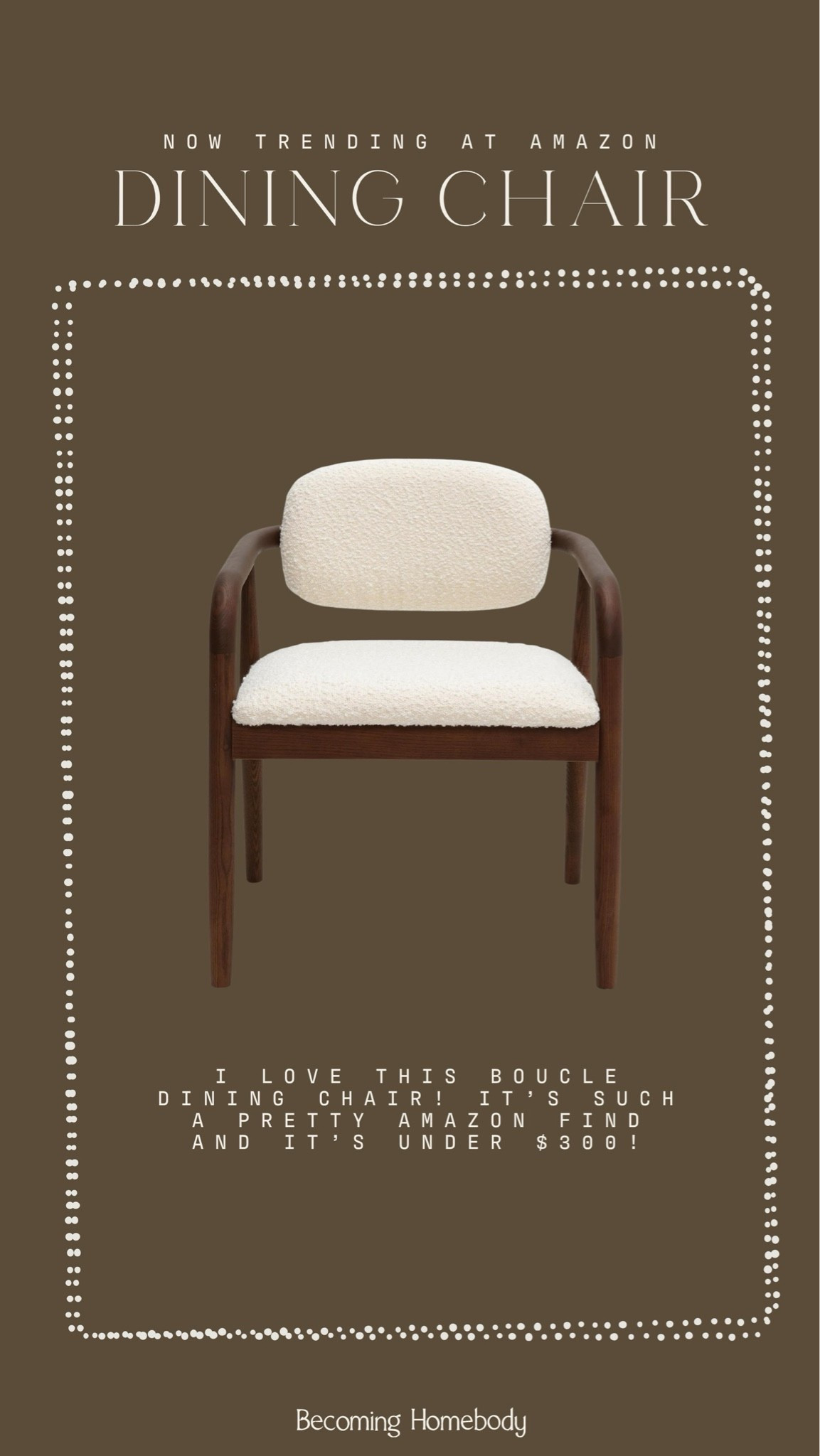 Now trending on Amazon: the prettiest white and brown boucle dining chair. 🤎 How pretty would this look in a cozy little dining nook? Amazon Home, Amazon Dining Chair