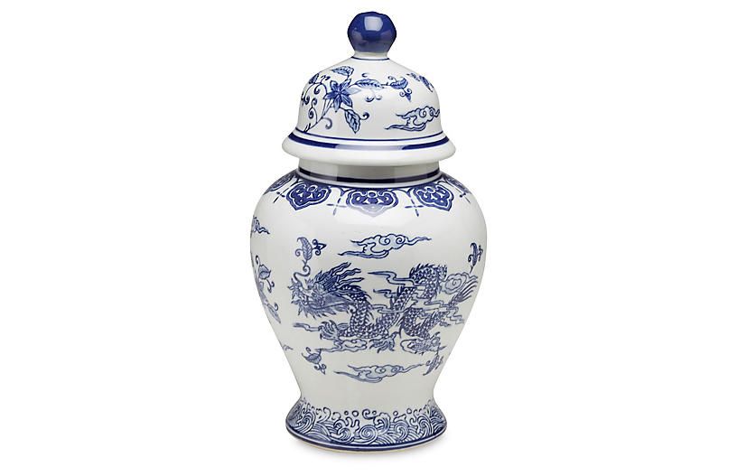 15" Dragon Ginger Jar, Blue/White | One Kings Lane