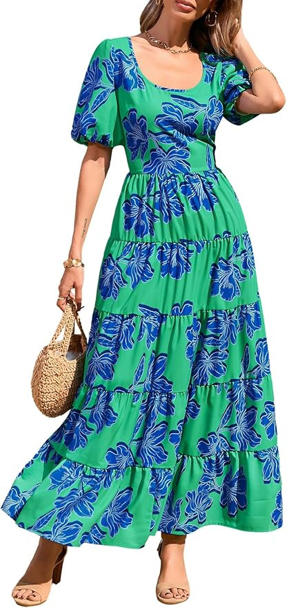 PRETTYGARDEN Womens Dresses 2025 Puff Sleeve Floral Casual Summer Dresses Smocked Backless Beach ... | Amazon (US)