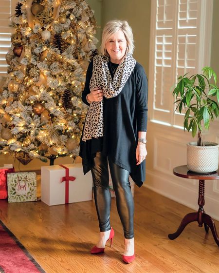 Women Over 50 | Rules for Wearing Leggings Over 50 | Cheetah Print Scarf and faux leather leggings | red pumps and black poncho 

#LTKSeasonal #LTKHoliday #LTKstyletip
