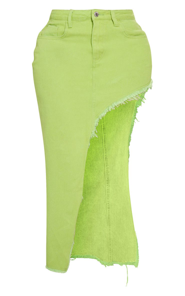 Shape Lime Green Denim Asymmetric Frayed Hem Midaxi Skirt | PrettyLittleThing UK