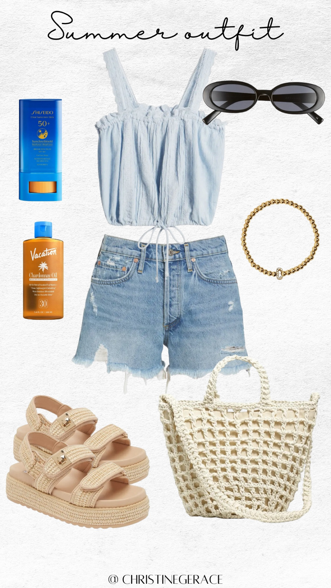 Nordstrom Summer Outfit idea! Cotton/linen top, bracelet, crochet bag, sandals, tanning oil, sunscreen
Denim shorts 

#nordstrom #summeroutfit #shorts #christinegerace #summersales 

#LTKxNSale #LTKStyleTip #LTKSummerSales