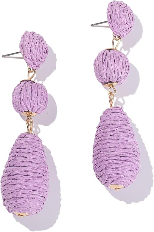 Boho Raffia Earrings Statement Dangle Earrings Cute Teardrop Ball Earrings Colorful Summer Jewelr... | Amazon (US)