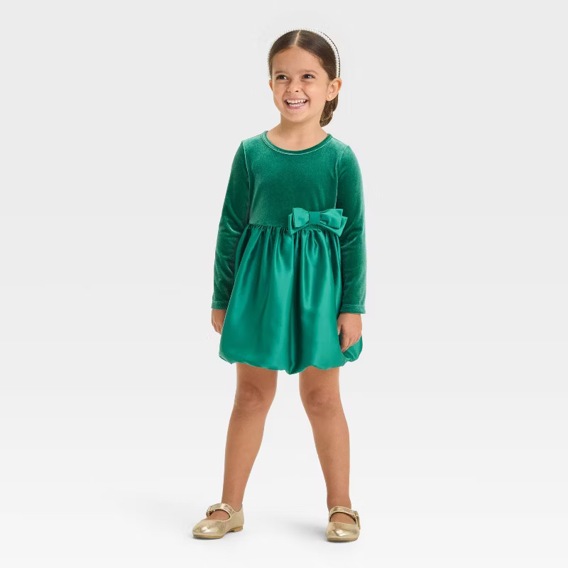Toddler Girls' Velour Satin Long Sleeve Dress - Cat & Jack™ Dark Green | Target