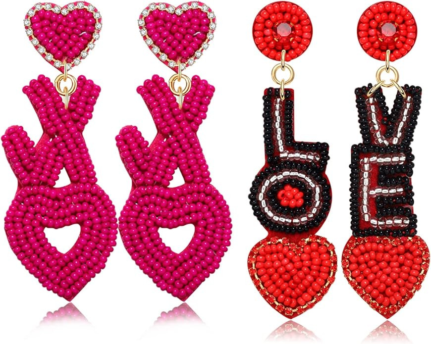Valentines Heart Earrings 2 Pairs Beaded Heart Dangling Earrings for Women Girls Hypoallergenic H... | Amazon (US)