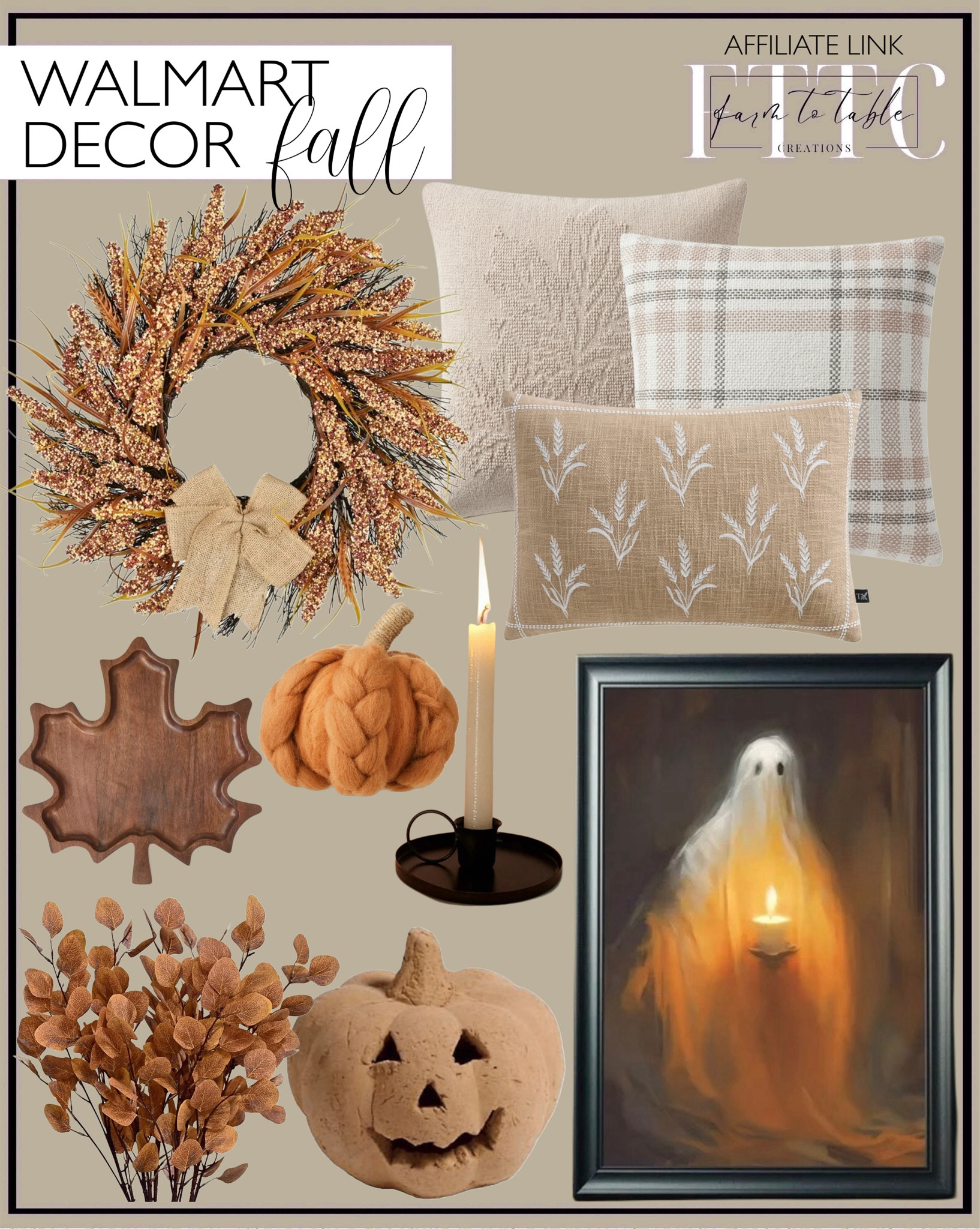 Walmart Fall Decor. Follow @farmtotablecreations on Instagram for more inspiration.

Ghost With Candle Print. My Texas House 20" x 20" Jill Taupe Needlepoint Leaf Decorative Pillow Cover. My Texas House 20" x 20" Ophelia Taupe Plaid Cotton Decorative Pillow. Harvest Wheat Taupe Cotton Slub Decorative Pillow. Harvest Leaf-Shaped Mango Wood Tray Tabletop Decoration, by Way To Celebrate. Retro Iron Round Candle Holder. Doingart Artificial Fall Thanksgiving Wheat Wreath, 21in Autumn Hanging. Harvest Orange Wool Braided Pumpkin. Eucalyptus Stems. Stoneware Fire Pumpkin. 

Walmart Fall Decor. Walmart Home Finds. Walmart Deals. Halloween Decor. Halloween Finds. 

#LTKFindsUnder50 #LTKSaleAlert #LTKHome
