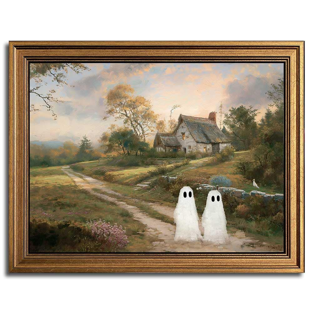 Gold Framed Vintage Halloween Wall Art, Rustic Landscape Wall Decor, Cute Ghost Decor Wall Art, A... | Amazon (US)