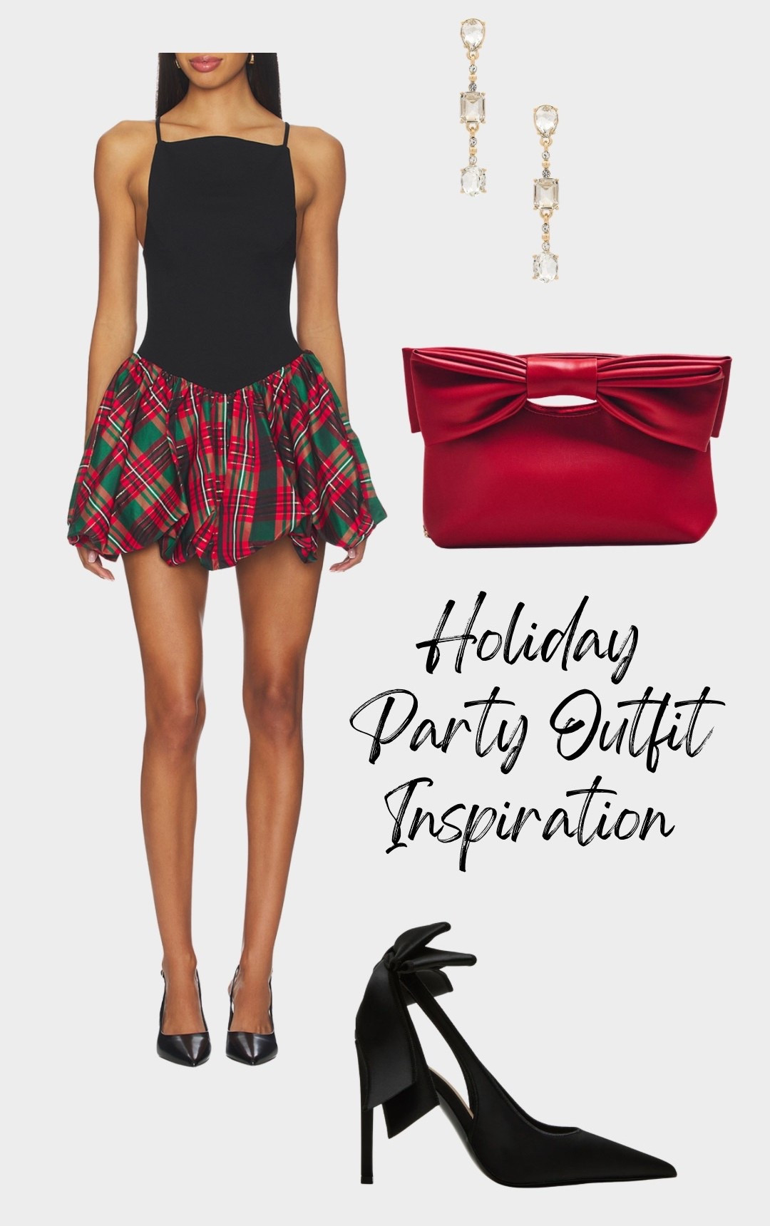 Holiday party outfit, red clutch, red purse, gold earrings, rhinestone earrings, black heels, black bow heels, plaid dress, Christmas dress, Christmas party outfit, Christmas party dress, Christmas mini dress, December, Christmas time, Christmas outfit, Christmas outfit inspiration 

#LTKootd #LTKHoliday #LTKSeasonal