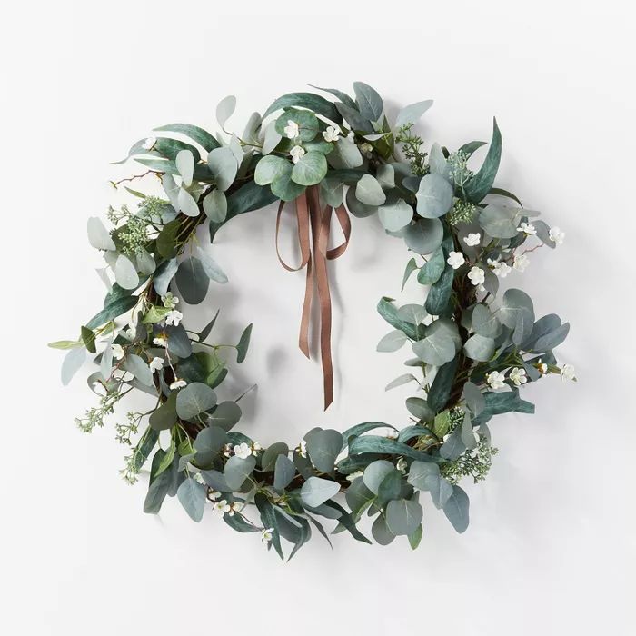 28" Artificial Eucalyptus Leaves and Flower Petal Wreath White - Threshold™ designed with Studi... | Target