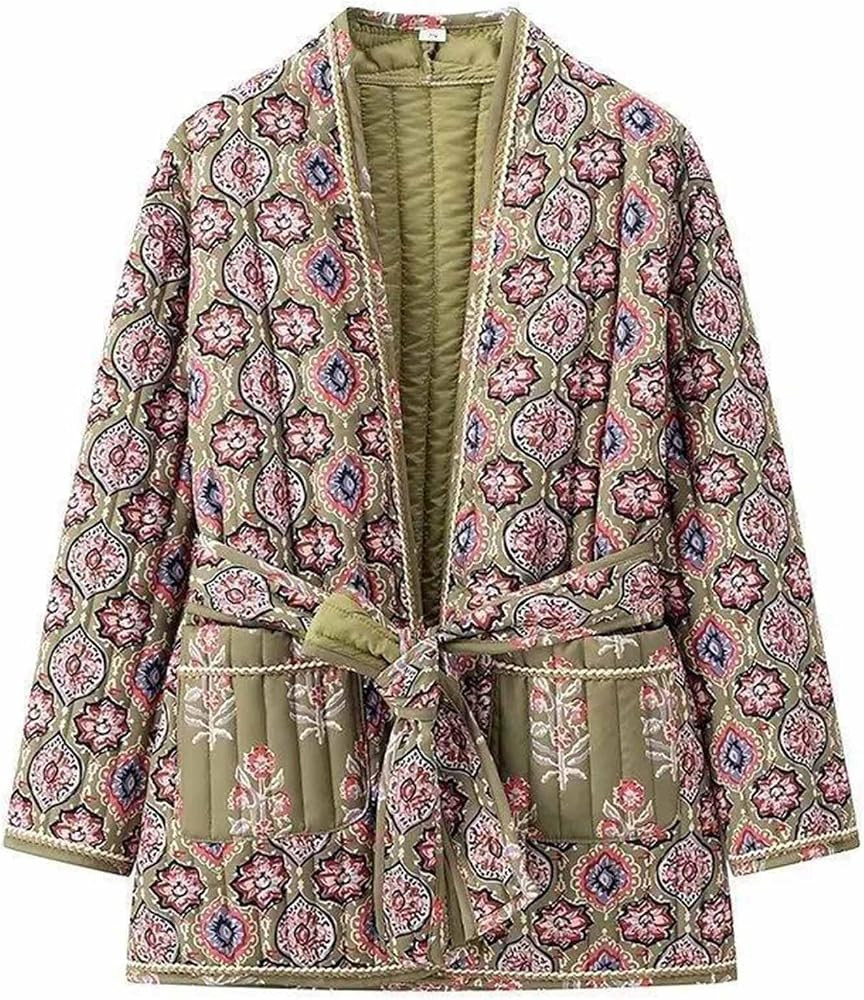 Akklian Women Vintage Floral Print Quilted Puffer Jacket Winter Open Front Lightweight Belted Pad... | Amazon (US)