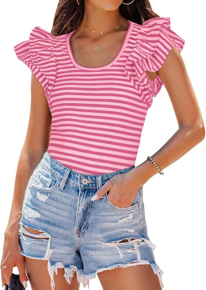 ZESICA Women's Ruffle Short Sleeve Striped T Shirts 2024 Summer Scoop Neck Slim Fitted Causal Bas... | Amazon (US)