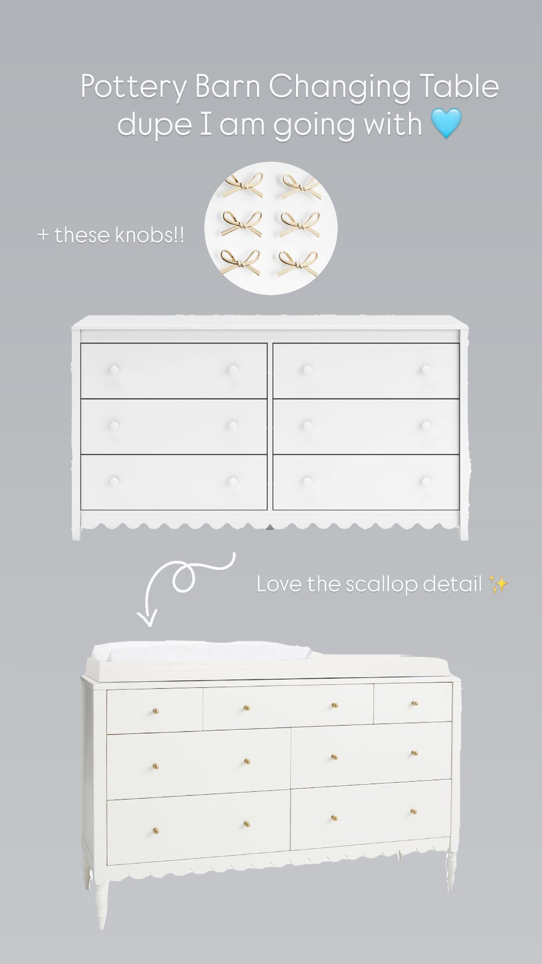 Found the sweetest Pottery Barn changing table dupe and I’m officially obsessed 🤍✨ The scallop detail + these little bow knobs make it look so high end for way less 🎀🫶🏼 Nursery plans are coming together and I can’t wait to style this piece! @Crate & Barrel

#LTKBaby #LTKmomlife #LTKHome