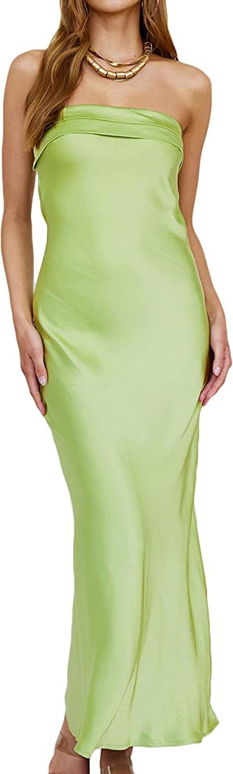 Realtix Satin Silk Backless Tube Tops Maxi Dress for Women Low Back Hollow Out Elegant Strapless ... | Amazon (US)