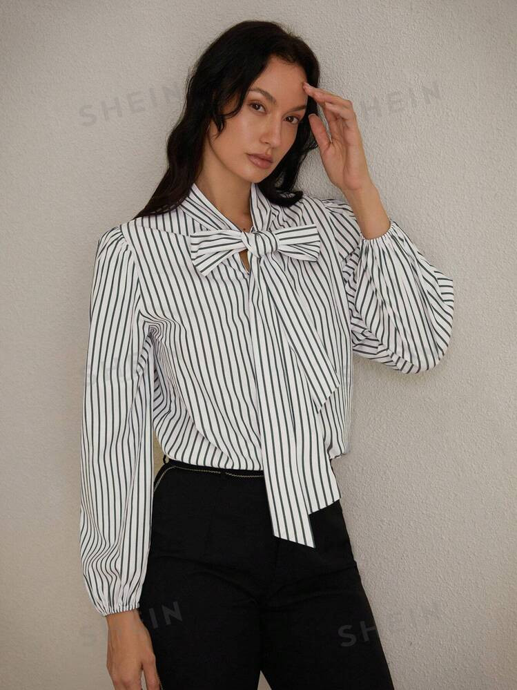 TrendsAveloria Casual Striped Bow Tie Lace-Up Long Sleeve Shirt, Random Color | SHEIN