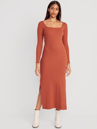 Fitted Rib-Knit Square-Neck Midi Dress for Women | Old Navy (CA)