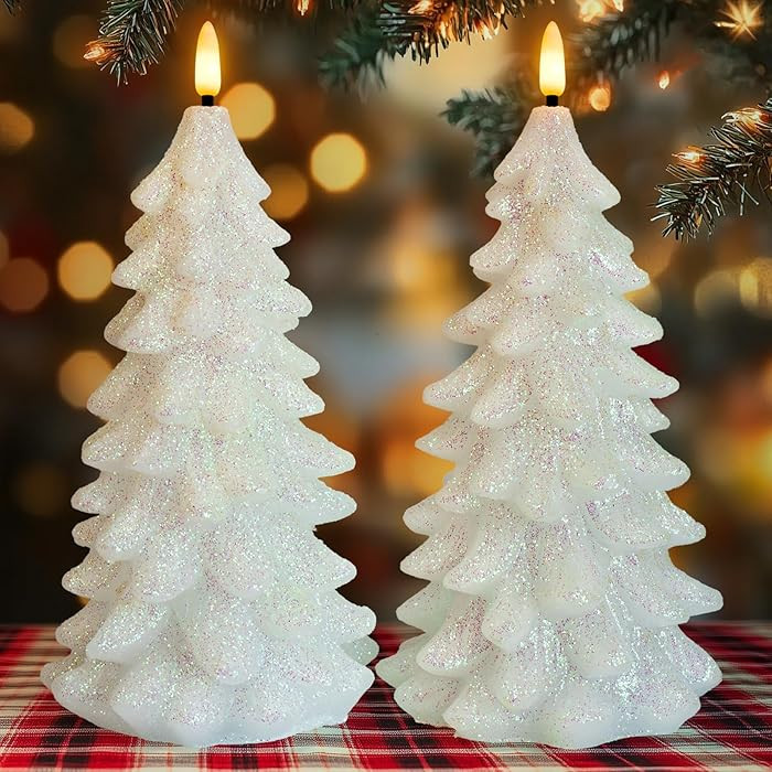Christmas Tree Shaped Flickering Flameless Candles, Glittering White Real Wax Battery Operated LE... | Amazon (US)