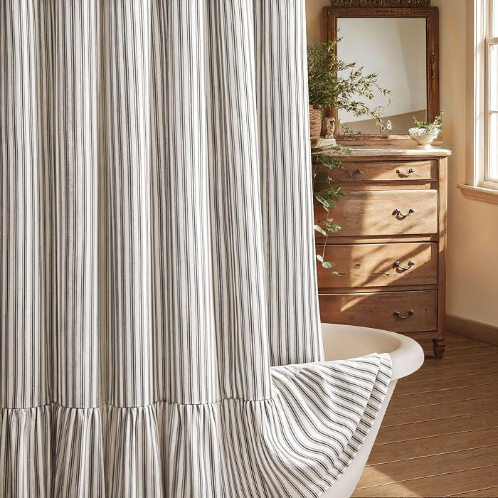 Farmhouse Shower Curtain Ruffle Linen Cream-Black Stripe 72"W x 72"L | Amazon (US)