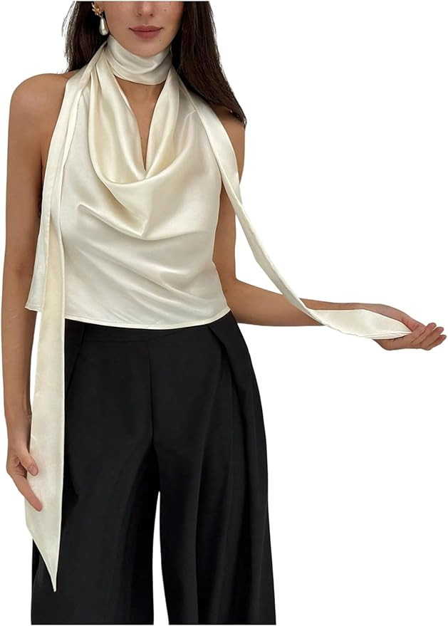 SweatyRocks Women's Cowl Neck Satin Halter Tops Sexy Going Out Backless Draped Top with Scarf | Amazon (US)