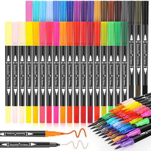 Soucolor Art Brush Markers Pens for Adult Coloring Books, 36 Colors Numbered Dual Tip (Brush and Fine Point) Marker Pen for Note taking Planner Hand Lettering Calligraphy Drawing Journaling | Amazon (US)