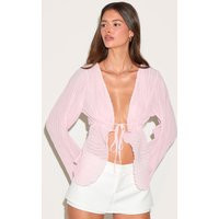 Pale Pink Sheer Plisse Tie Front Flute Sleeve Blouse | PrettyLittleThing UK