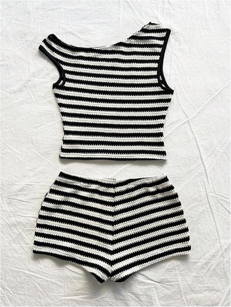SOLY HUX Women's 2 Piece Striped Off The Shoulder Crop Tops and Mini Shorts Set Summer Y2K Going ... | Amazon (US)