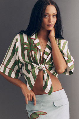 Farm Rio Spring Stripes Tie-Front Linen Top | Anthropologie (US)