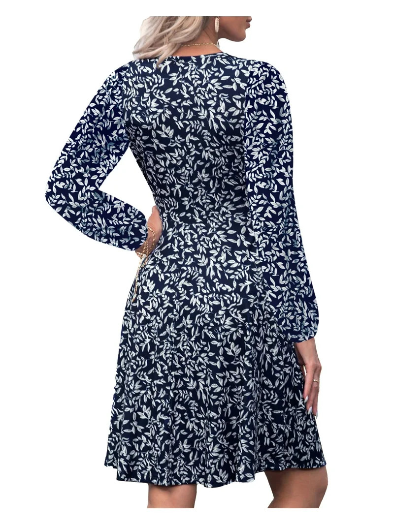 UVN Fall Dresses for Women Long Sleeve V Neck A-Line Midi Dress Boho Beach Floral Print Sundress | Walmart (US)