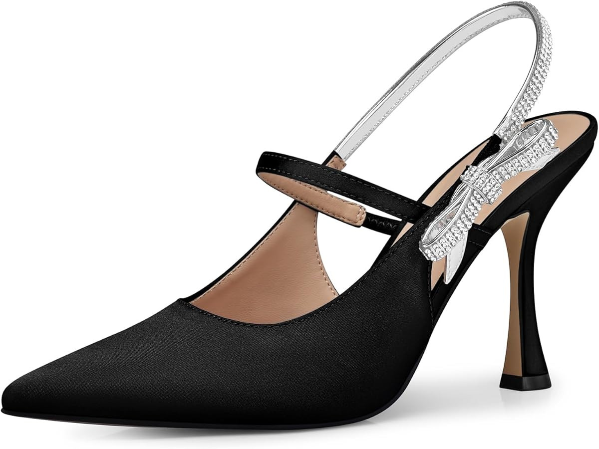 Women Kitten Heel Pumps: 3.8 Inch Rhinestone Bow Bride Wedding High Heels,Ceremony Prom Ankle Str... | Amazon (US)