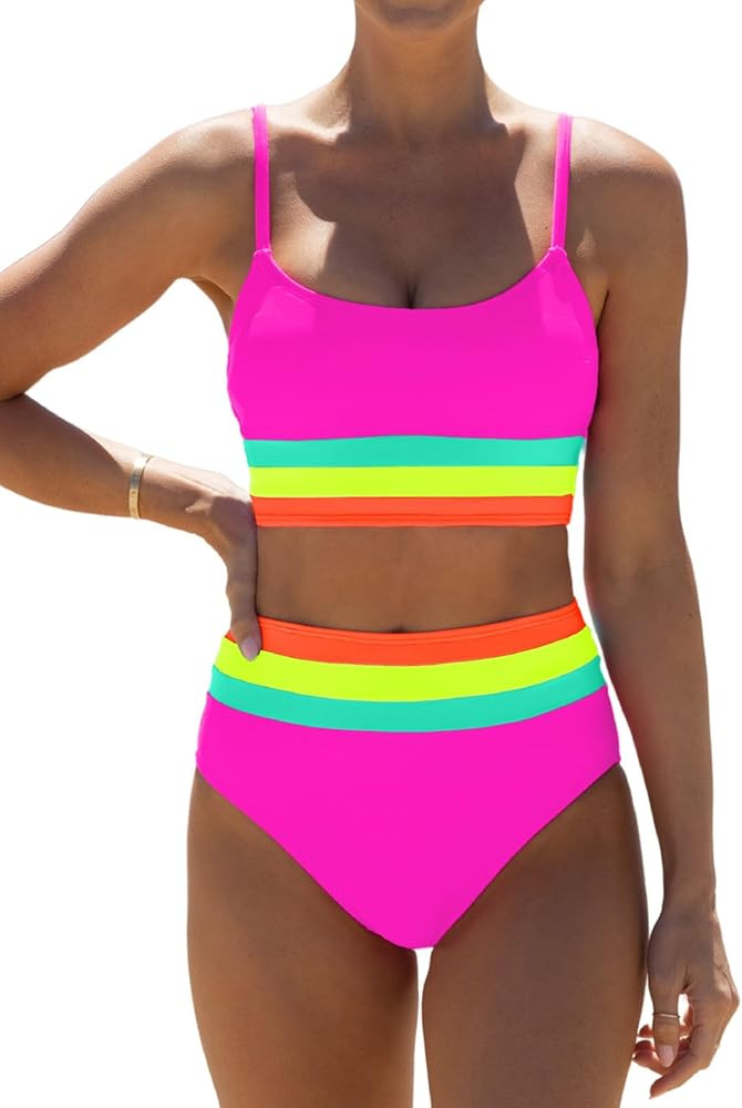 popvil High Waisted Bikini Sets for Women Tummy Control Swimsuits Neon Swimwear 3 Piece Bathing S... | Amazon (US)