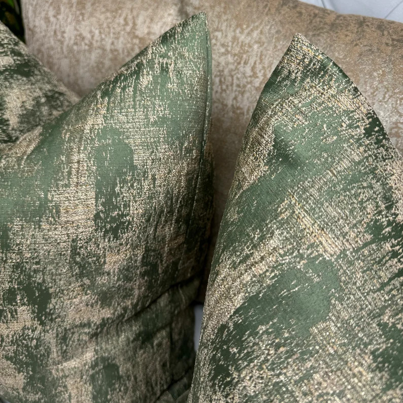 Luxurious Olive Green Cushion Cover with Gold Shimmer - Ashley Wilde Curico Fabric Throw Pillow | Etsy (Global)