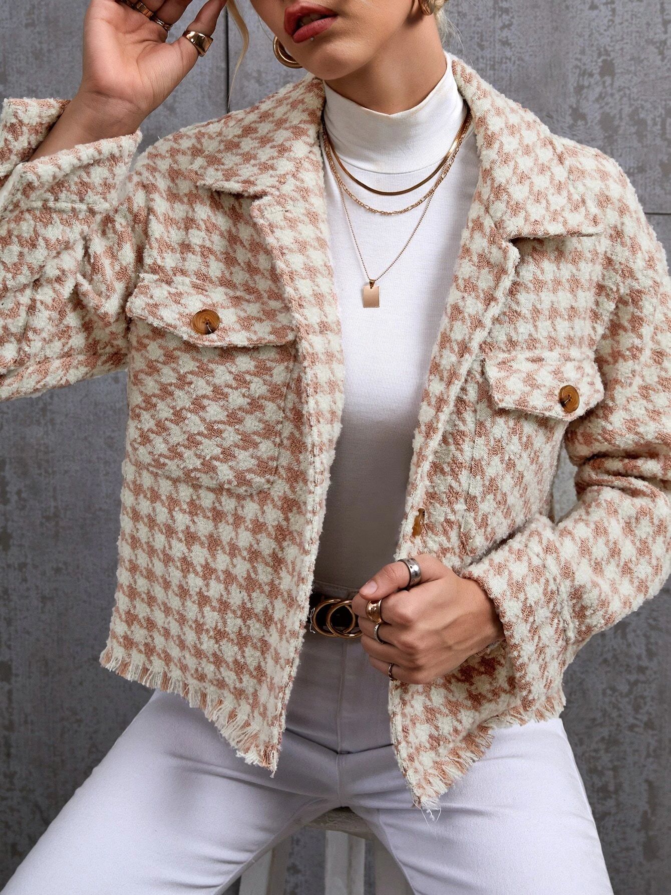 Houndstooth Pattern Flap Pocket Drop Shoulder Raw Trim Tweed Jacket | SHEIN