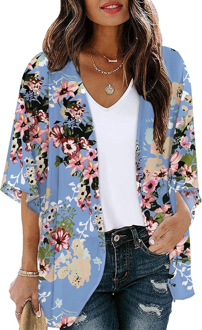 Chunoy Women Floral Print Lightweight Chiffon Kimono Cardigan Short Sleeve Loose Beach Wear Cover... | Amazon (US)